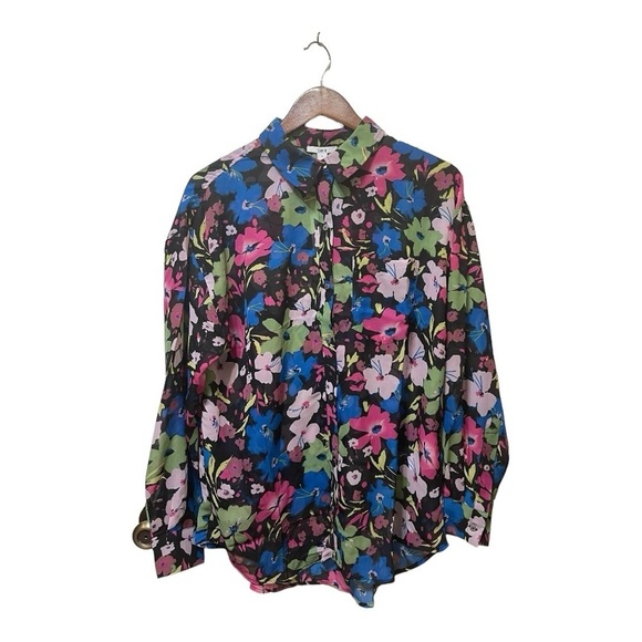 Bar III Chiffon Blue Pink Yellow Floral Button Up Work Casual Blouse sz M NWT - Picture 1 of 10